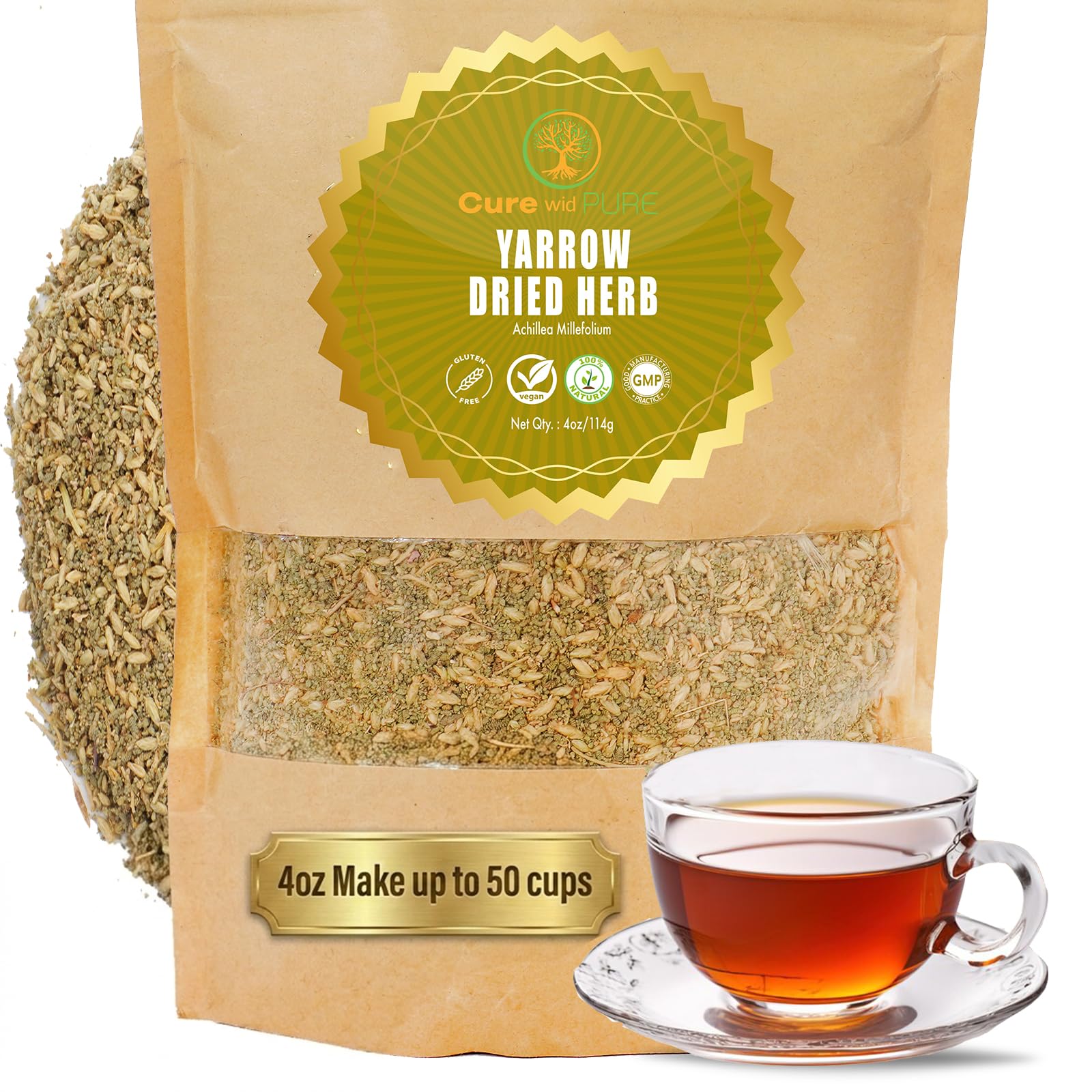 Cure wid Pure Organic Wormwood Herb Dried Cut & Sifted 4oz/114g - Artemisia Absinthium - Non-GMO,Preservative & Additives Free Wormwood Tea In Eco Friendly Resealable Pouch Traditional Herbal Remedy