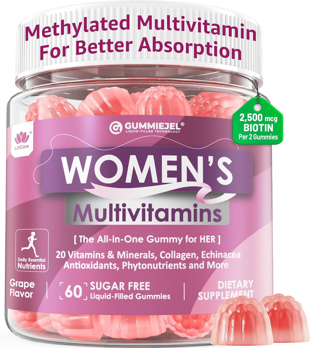 Womens Multivitamin Gummy, Methylated Multivitamin for Women, GLP-1 Friendly, Biotin, Iron, Collagen, Methylfolate, B Complex, Women's Complete Support, Hair Skin and Nails Vitamins, No Sugar, 60 Cts