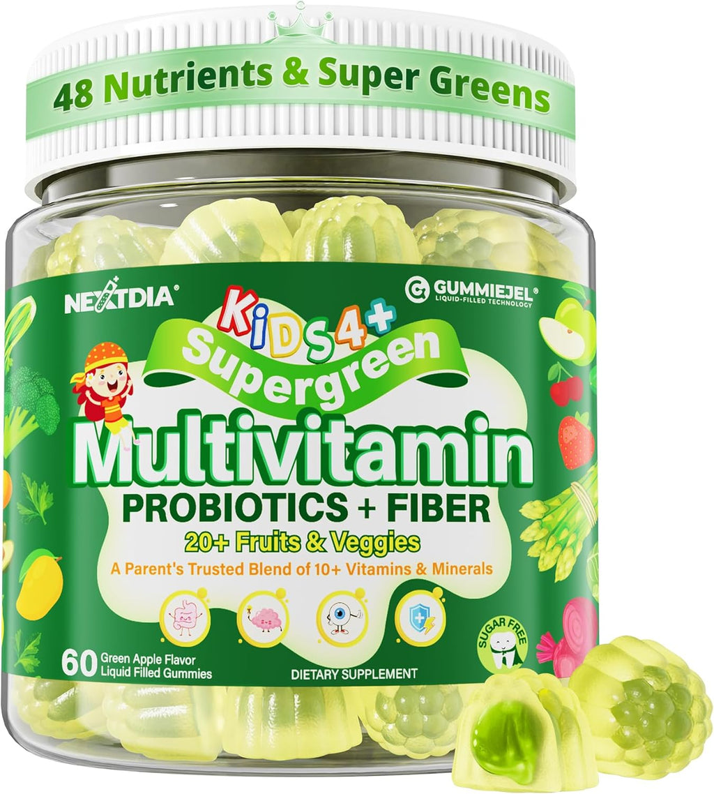 Kids Multivitamin Gummies, 20+ Super Greens Fruit Veggies Supplement Superfood Daily Fiber Gummies for Picky Eater with Probiotics Kids Gummy Vitamins & Minerals for Growth, Gut, Immune Support, 60Cts
