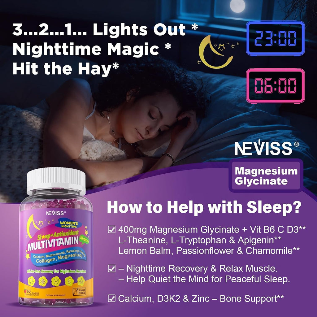 NEVISS Multivitamin for Women Gummies with Magnesium Glycinate 400mg, Hydrolyzed Collagen Gummy for Night Renewal/Sleep, Calcium D3K2, Antioxidant, Relax, Bone, Womens 18 30 40 50 60 70+ Daily Vitamin