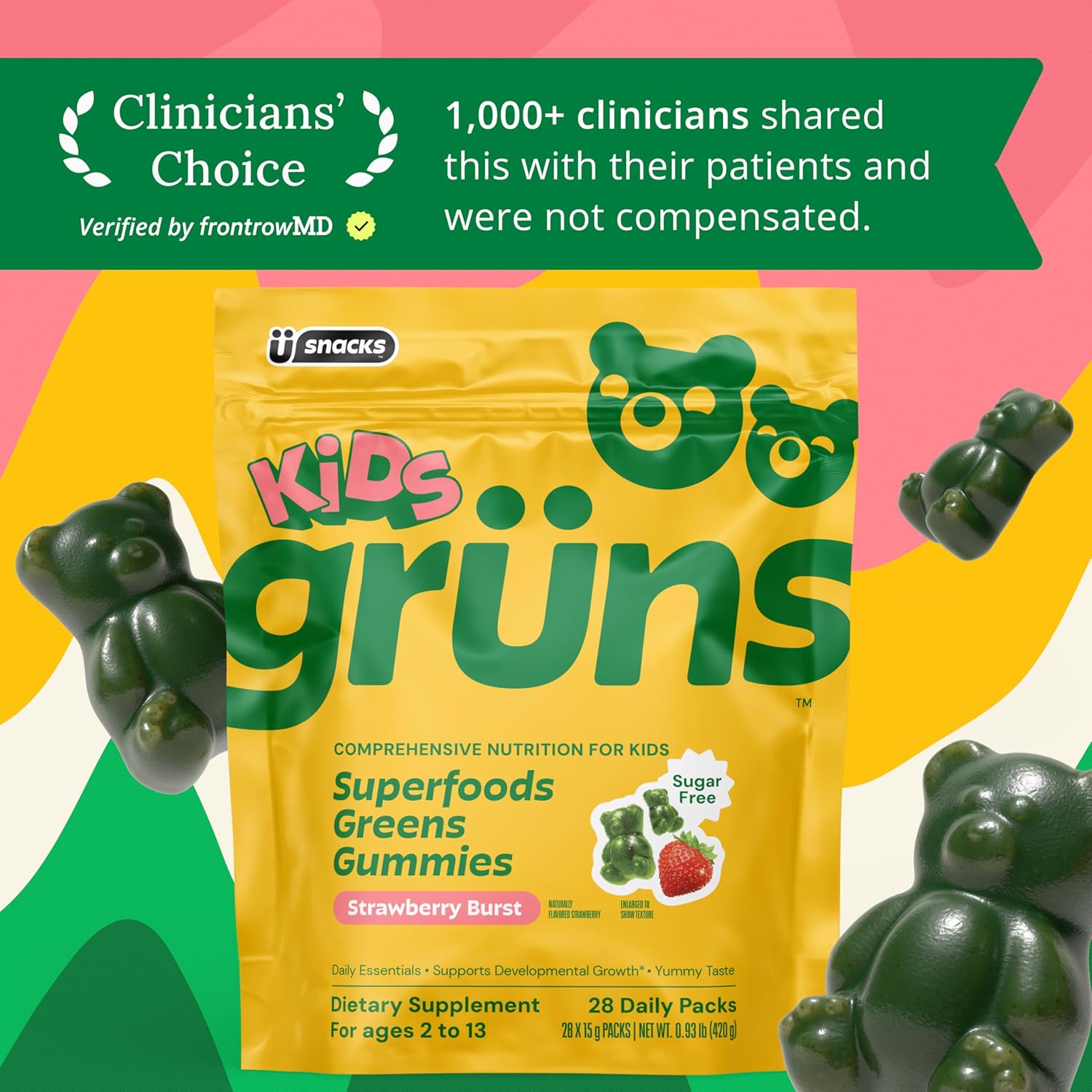 Gruns Multivitamin for Kids, Sugar-Free, Super Greens Superfood Gummy Bears with 20 Vitamins & Minerals, Alfalfa, Spirulina, Chlorella, Prebiotics Fiber for Digestive Health, Adaptogens, 28 ct