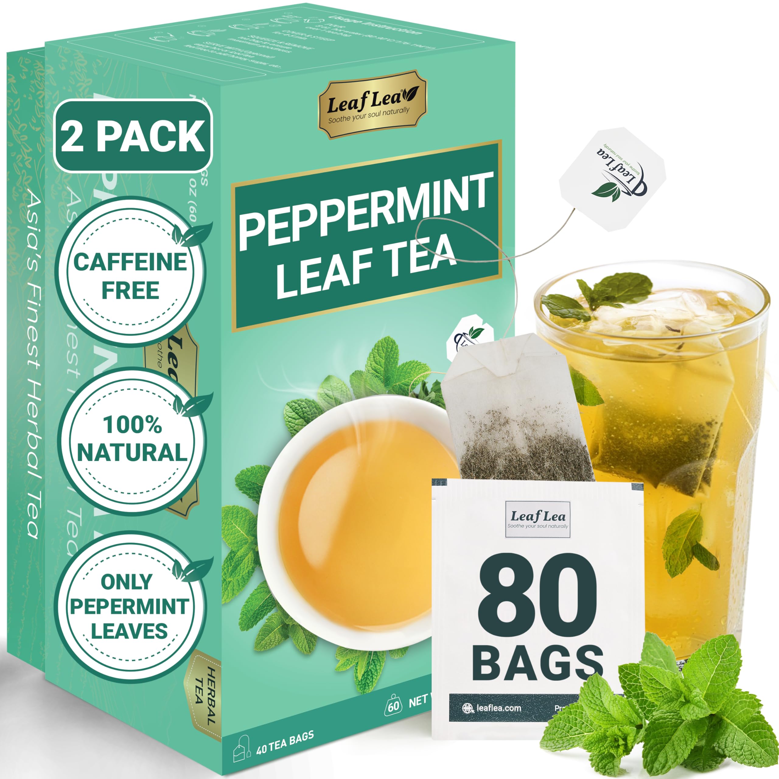 LeafLea 40 Turmeric Ginger Cinnamon Tea Bags, 100% Natural Ingredients Herbal Tea, Turmeric Ginger Herbal Blend for Wellness, Vegan, No Sugar, Caffeine-Free, Individually Wrapped for Freshness