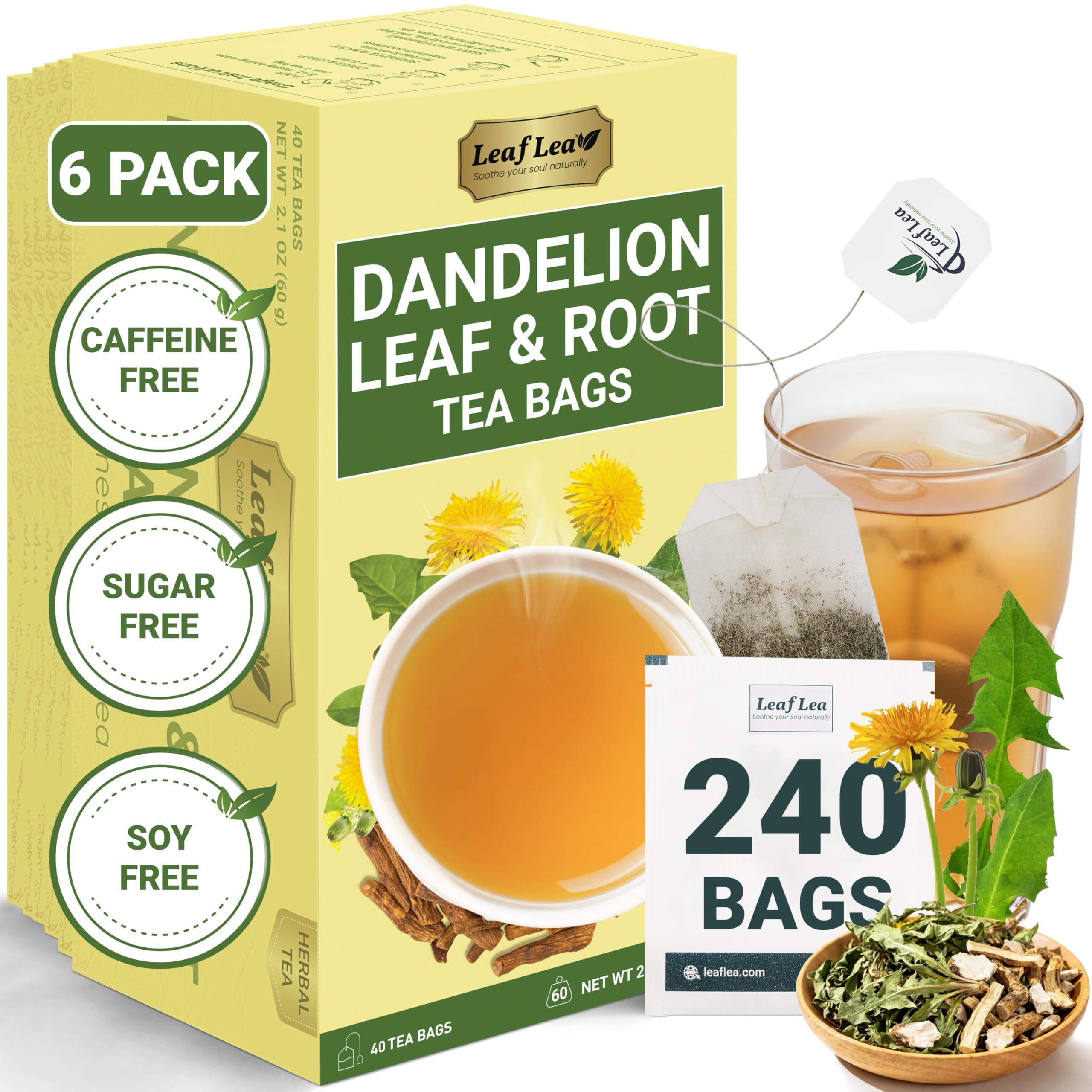 LeafLea 40 Turmeric Ginger Cinnamon Tea Bags, 100% Natural Ingredients Herbal Tea, Turmeric Ginger Herbal Blend for Wellness, Vegan, No Sugar, Caffeine-Free, Individually Wrapped for Freshness