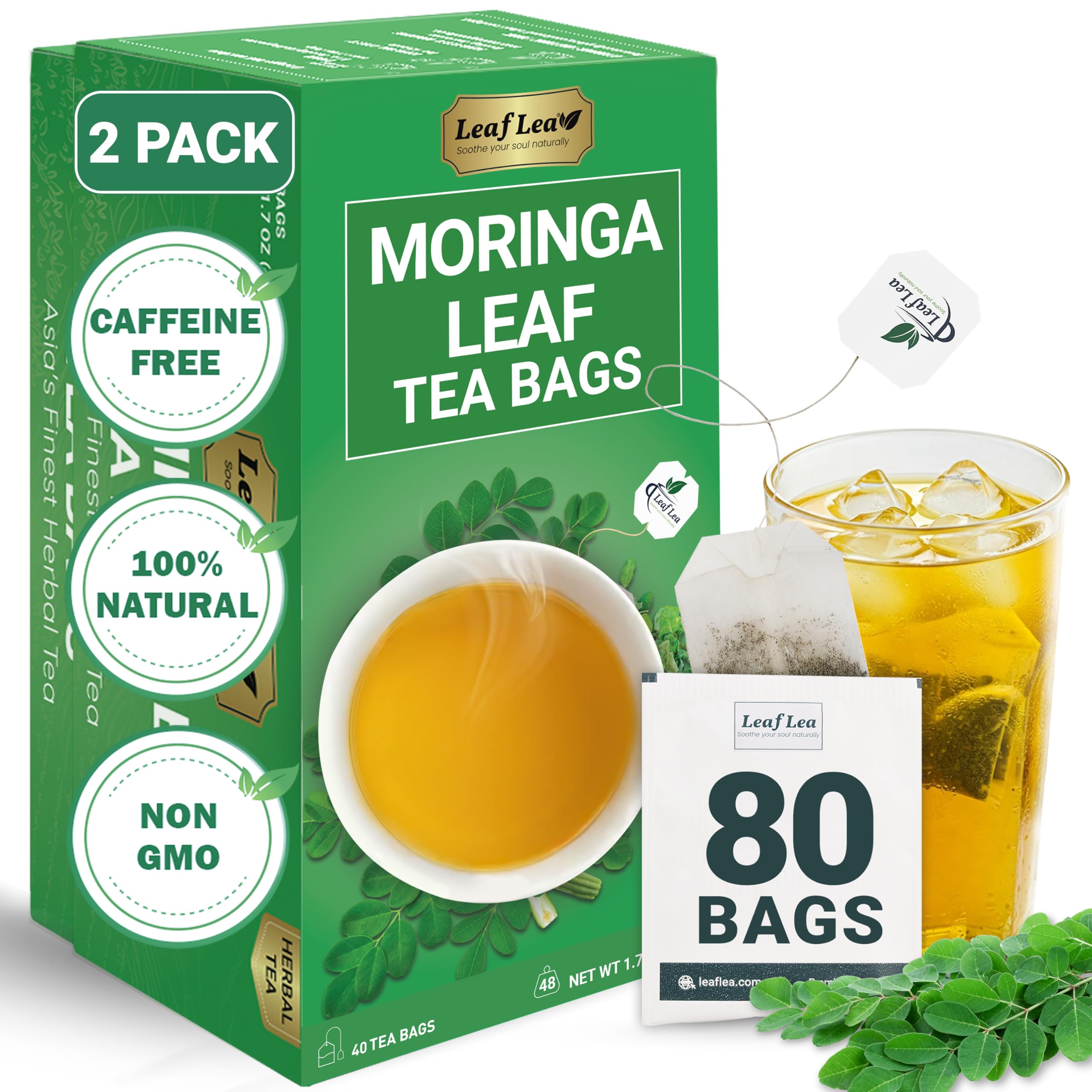 LeafLea 40 Turmeric Ginger Cinnamon Tea Bags, 100% Natural Ingredients Herbal Tea, Turmeric Ginger Herbal Blend for Wellness, Vegan, No Sugar, Caffeine-Free, Individually Wrapped for Freshness