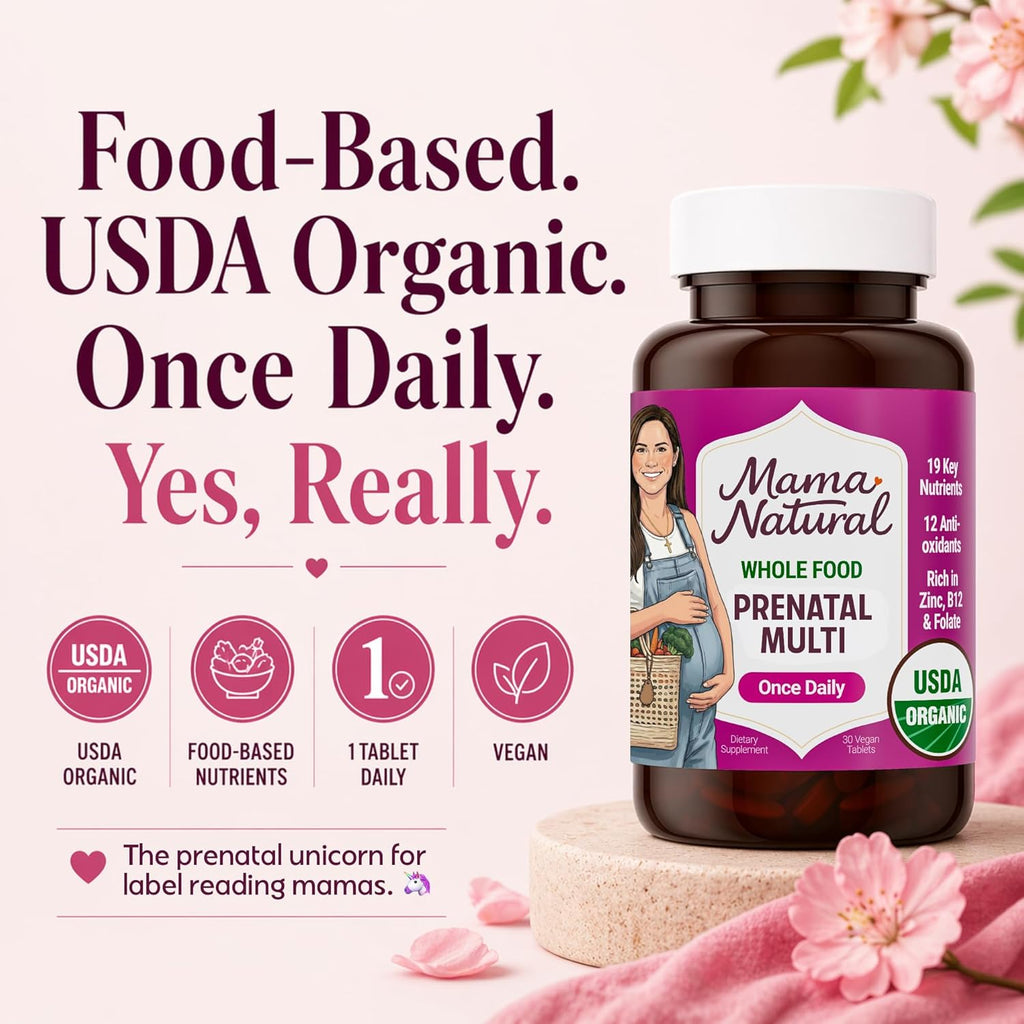 Mama Natural Organic Prenatal Vitamins for Women Vegan (30 Servings) | One A Day Prenatal Vitamins for Pregnant Women | Food Based, Non-GMO & Gluten-Free - Pre Natal Multivitamin with Folate