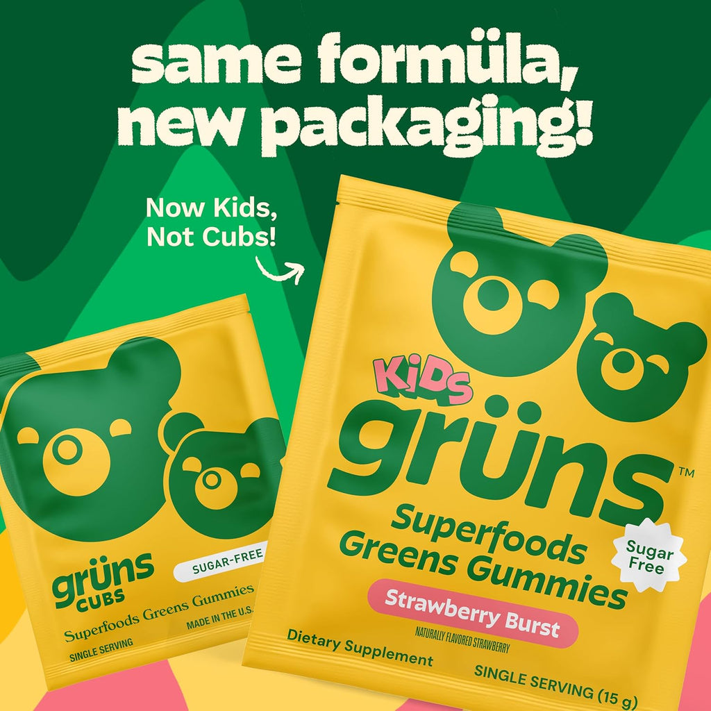 Gruns Multivitamin for Kids, Sugar-Free, Super Greens Superfood Gummy Bears with 20 Vitamins & Minerals, Alfalfa, Spirulina, Chlorella, Prebiotics Fiber for Digestive Health, Adaptogens, 28 ct
