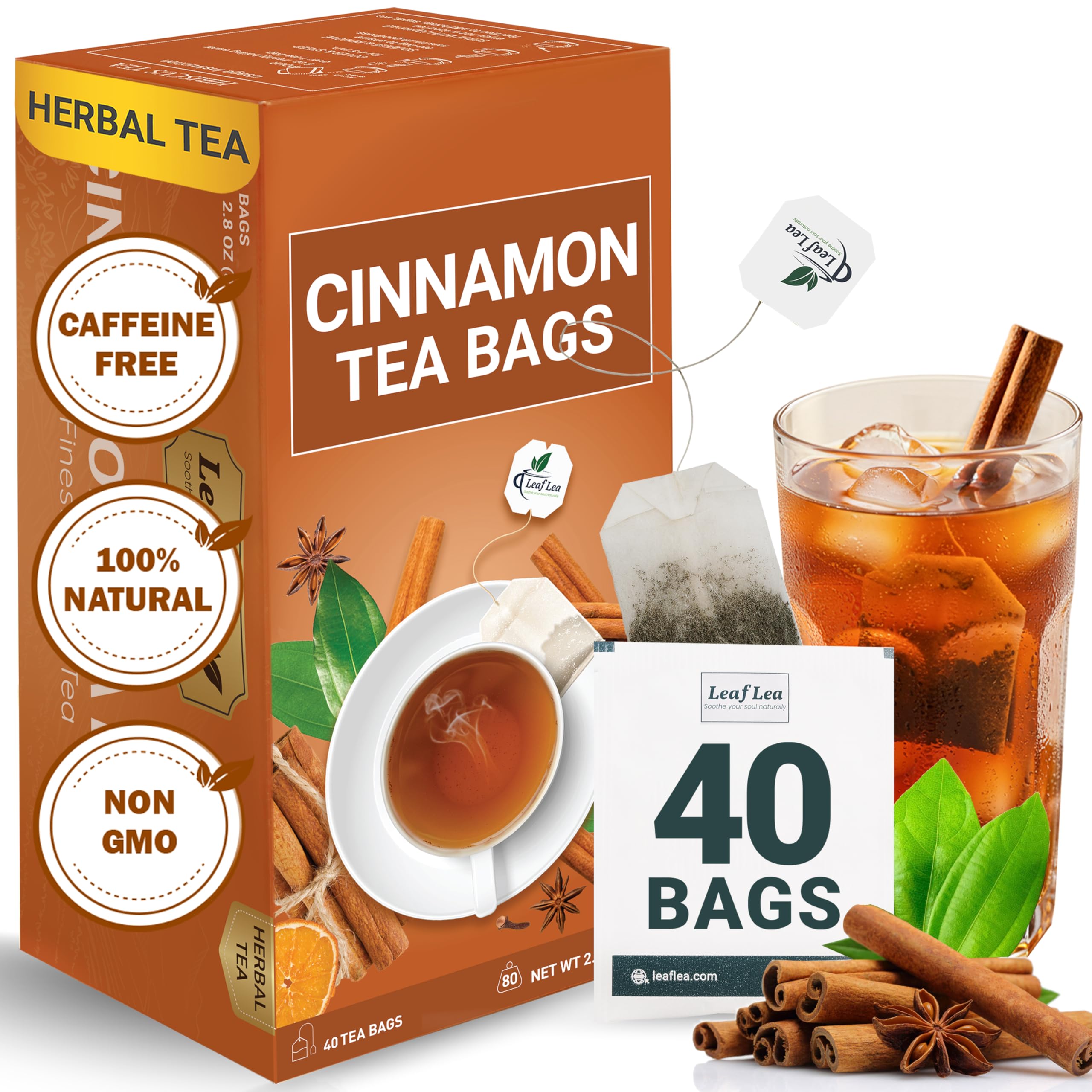 LeafLea 40 Turmeric Ginger Cinnamon Tea Bags, 100% Natural Ingredients Herbal Tea, Turmeric Ginger Herbal Blend for Wellness, Vegan, No Sugar, Caffeine-Free, Individually Wrapped for Freshness