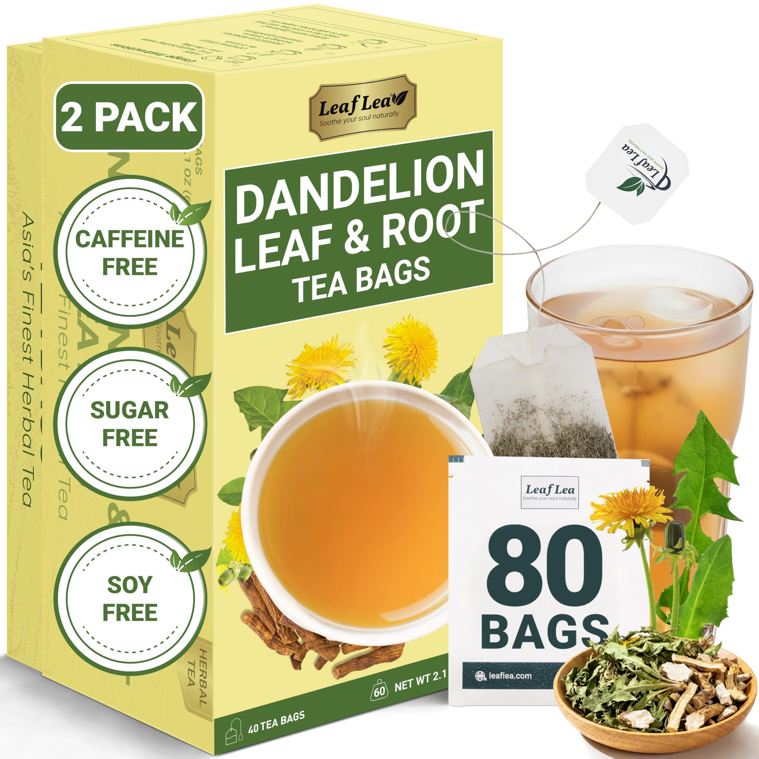 LeafLea 40 Turmeric Ginger Cinnamon Tea Bags, 100% Natural Ingredients Herbal Tea, Turmeric Ginger Herbal Blend for Wellness, Vegan, No Sugar, Caffeine-Free, Individually Wrapped for Freshness