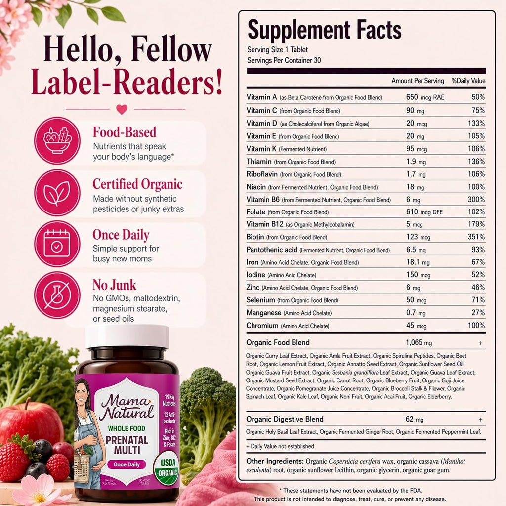 Mama Natural Organic Prenatal Vitamins for Women Vegan (30 Servings) | One A Day Prenatal Vitamins for Pregnant Women | Food Based, Non-GMO & Gluten-Free - Pre Natal Multivitamin with Folate