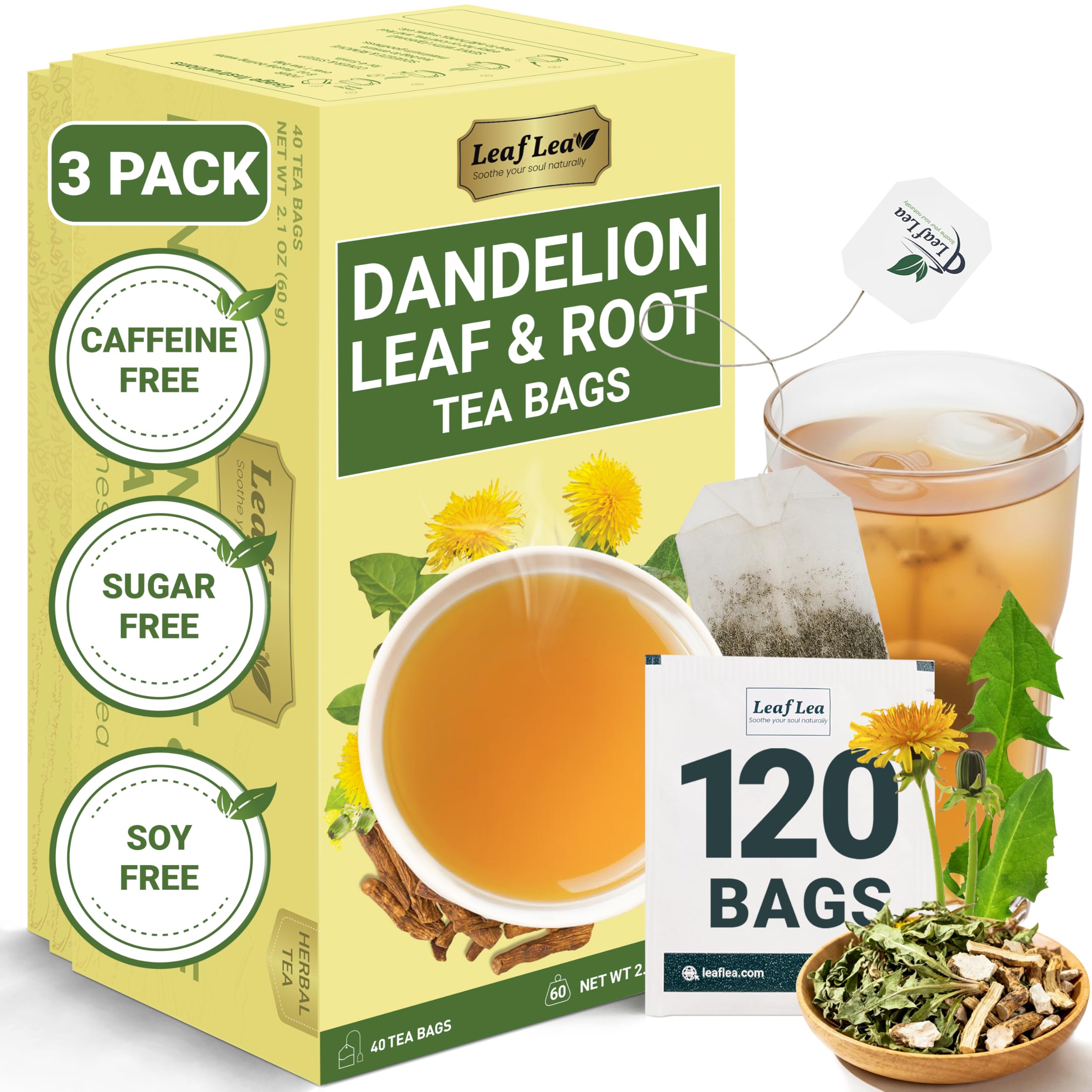 LeafLea 40 Turmeric Ginger Cinnamon Tea Bags, 100% Natural Ingredients Herbal Tea, Turmeric Ginger Herbal Blend for Wellness, Vegan, No Sugar, Caffeine-Free, Individually Wrapped for Freshness