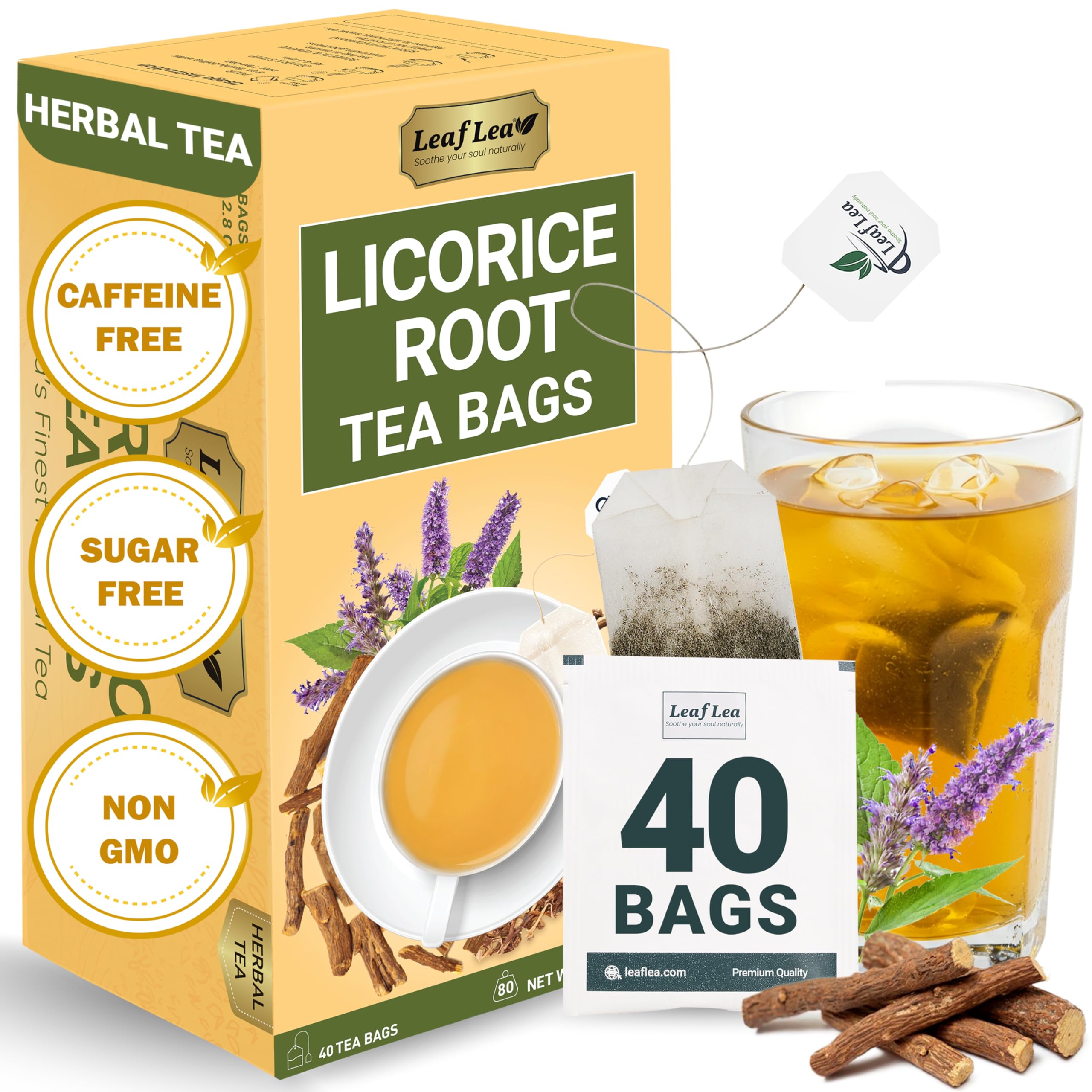 LeafLea 40 Turmeric Ginger Cinnamon Tea Bags, 100% Natural Ingredients Herbal Tea, Turmeric Ginger Herbal Blend for Wellness, Vegan, No Sugar, Caffeine-Free, Individually Wrapped for Freshness