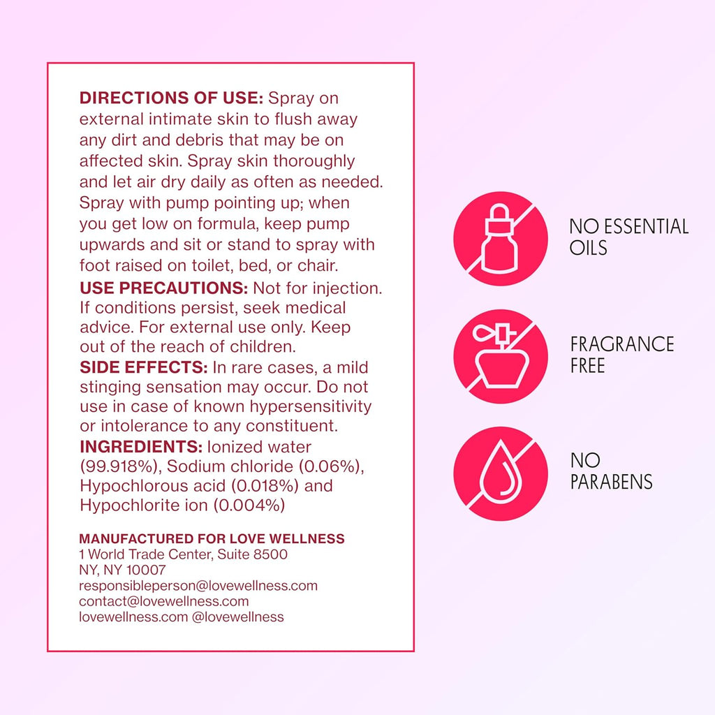 Love Wellness Intimate Skin Support I FDA-Cleared Cleanser Spray I Removes Buildup & Soothes Irritated Skin, Hypochlorous Acid Formula, pH Balanced & Fragrance Free, 4 fl oz