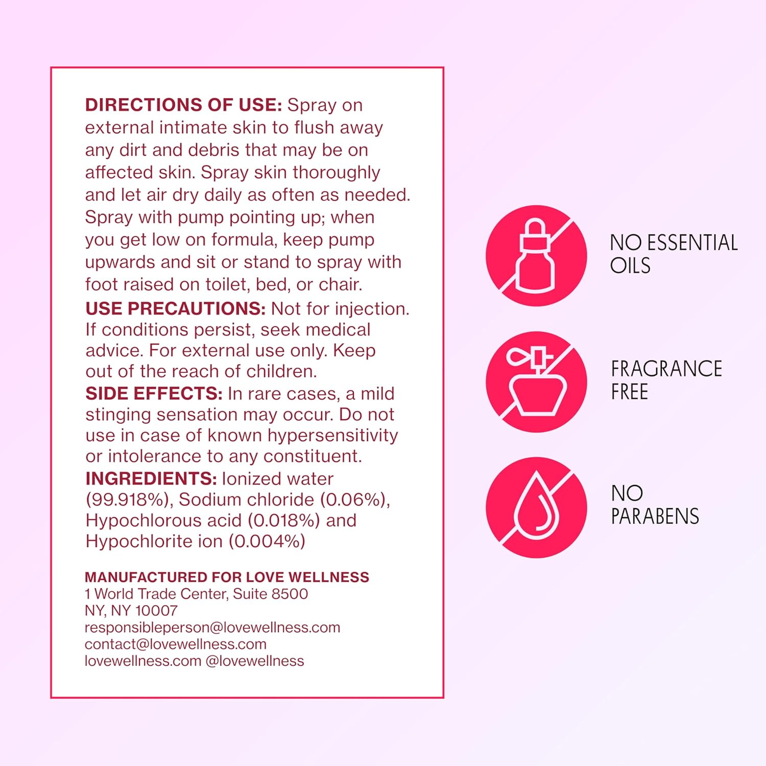 Love Wellness Intimate Skin Support I FDA-Cleared Cleanser Spray I Removes Buildup & Soothes Irritated Skin, Hypochlorous Acid Formula, pH Balanced & Fragrance Free, 4 fl oz