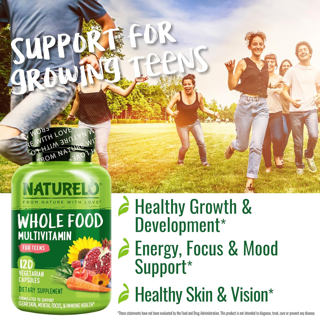 NATURELO Multivitamins for Teenage Girls/Boys, 120 Capsules, Whole Food Multivitamin with Minerals, Non-GMO, Vegetarian