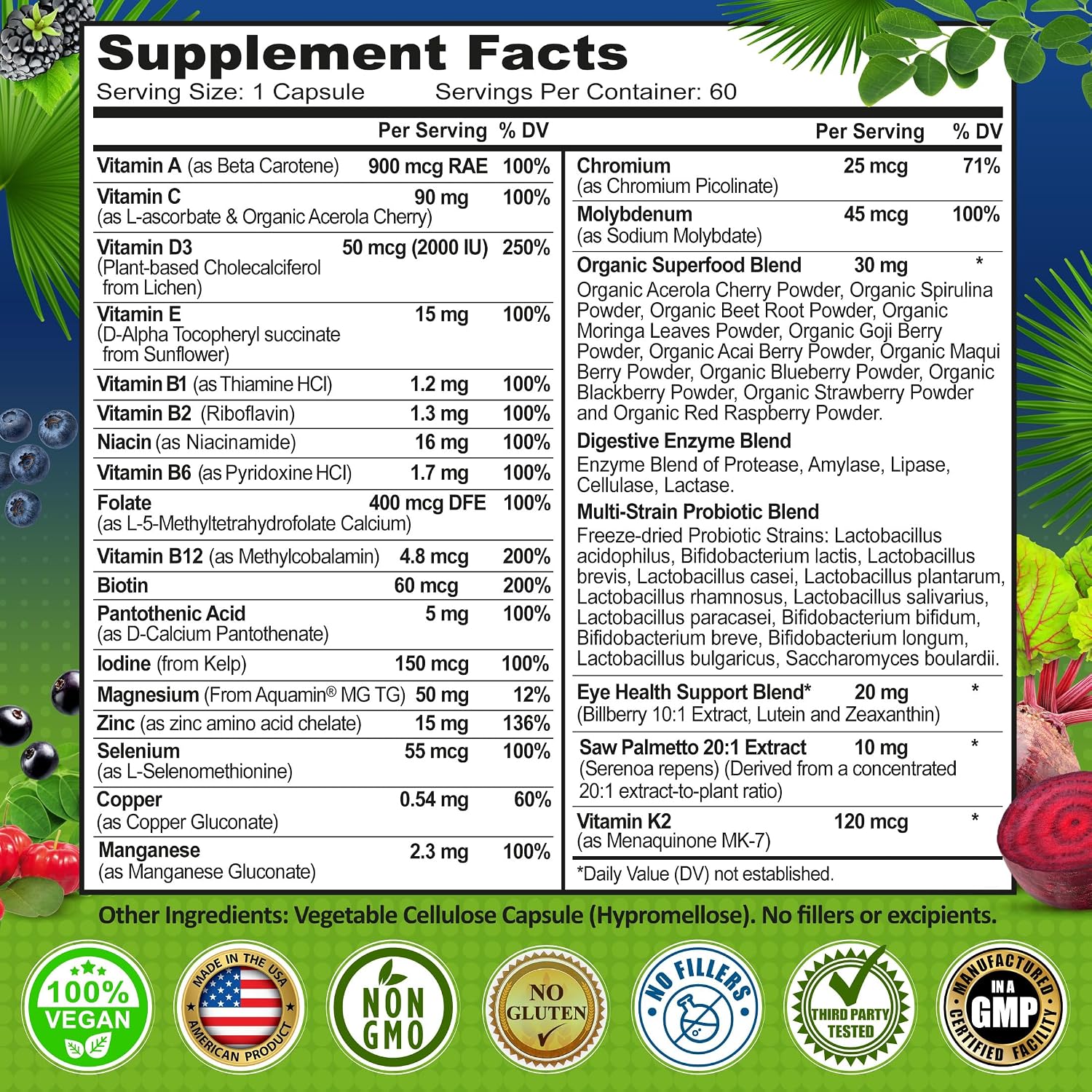 Men's Daily Multivitamin 50 Plus - Vegan Methylated Multivitamin for Men 50 and Over - Saw Palmetto, Biotin, Organic Superfoods, Lutein - Eye, Energy, Gut, Health Support - Easy to Swallow Capsules