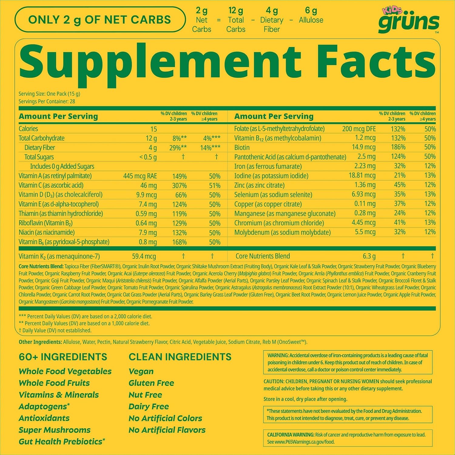 Gruns Multivitamin for Kids, Sugar-Free, Super Greens Superfood Gummy Bears with 20 Vitamins & Minerals, Alfalfa, Spirulina, Chlorella, Prebiotics Fiber for Digestive Health, Adaptogens, 28 ct