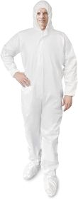 Disposable SF Coveralls. Pack of 5 White Body Protective Suits of Laminated Polypropylene 60 gsm. Medium PPE Workwear with Microporous Film; Hood; Boo