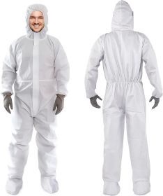 Hazmat Suits Disposable Medium. Pack of 5 Disposable Coveralls. 60 gsm Microporous Protective Suits with Attached Hood; Boots; Zipper Front; Elastic W