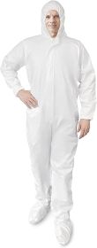 Disposable SF Coveralls, 72". Pack of 50 White X-Large Body Protective Suits. Unisex Polypropylene 40 gsm Workwear with Microporous Film, Hood & Boots