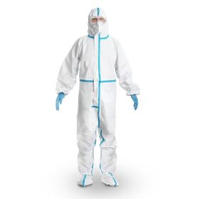 Disposable Coverall. White Polypropylene 50 gsm Overall with Waterproof Microporous Film. Laminated Small Full Body Protective Suit with Hood and Boot