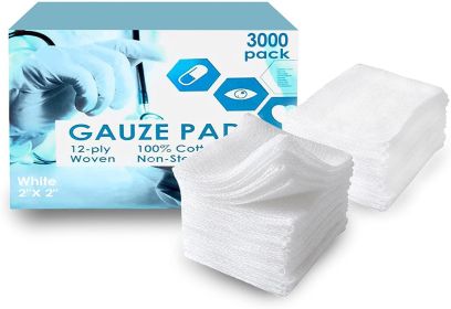 Gauze Sponges 3" x 3". Pack of 2400 Non-Sterile 100% Woven Cotton Pads for Wounds Cleaning. Medical 12-ply Gauze Dressings. Disposable Surgical Absorb