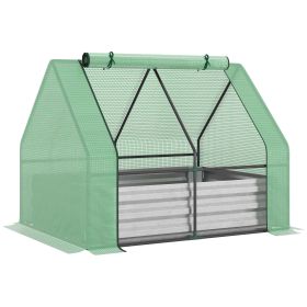 Outsunny Galvanized Raised Garden Bed with Mini Greenhouse Cover, Outdoor Metal Planter Box with 2 Roll-Up Windows for Growing Flowers, Fruits