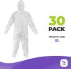 Hazmat Suits Disposable Coveralls X-Large. Pack of 30 White Protective Suits with Attached Hood; Zipper Front. 60 gsm Microporous Paint Suit; Protecti