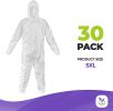 Hazmat Suits Disposable Coveralls 5X-Large. Pack of 30 White Protective Suits with Attached Hood; Zipper Front. 60 gsm Microporous Paint Suit; Protect