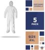 Disposable SF Coveralls. Pack of 5 White Body Protective Suits of Laminated Polypropylene 60 gsm. 4X-Large PPE Workwear with Microporous Film; Hood; B