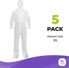 Disposable Coveralls with Hood; Boots; Elastic Wrists; Pack of 5 X-Large White Hazmat Suits Disposable; SMS 60gsm White Paint Coveralls Disposable; Wa