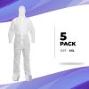 Disposable Coveralls for Men, Women, XX-Large, Pack of 5 White Hazmat Suits Disposable with Hood, Elastic Cuffs, Ankles