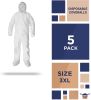 Disposable SF Coveralls. Pack of 5 White Body Protective Suits of Laminated Polypropylene 60 gsm. 3X-Large PPE Workwear with Microporous Film; Hood; B