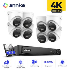 ANNKE POE Camera Outdoor Kit 4K Ultra HD H.265+ Motion Detection Alarm CCTV Security Camera System 8MP Video Surveillance ONVIF (Build-in HDD: 4T, Color: 8CH NVR 4Pcs Camera)