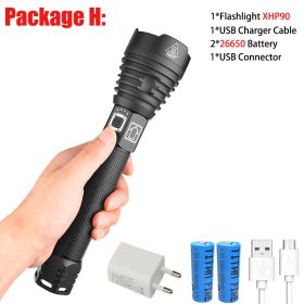 T20 Super Bright XHP90/XHP70 LED Flashlight High Lumens Zoomable Rechargeable Power Display Powerful Torch 26650 Handheld Light (Emitting Color: XHP90-H)