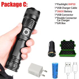 T20 Super Bright XHP90/XHP70 LED Flashlight High Lumens Zoomable Rechargeable Power Display Powerful Torch 26650 Handheld Light (Emitting Color: XHP50-C)