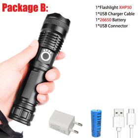 T20 Super Bright XHP90/XHP70 LED Flashlight High Lumens Zoomable Rechargeable Power Display Powerful Torch 26650 Handheld Light (Emitting Color: XHP50-B)